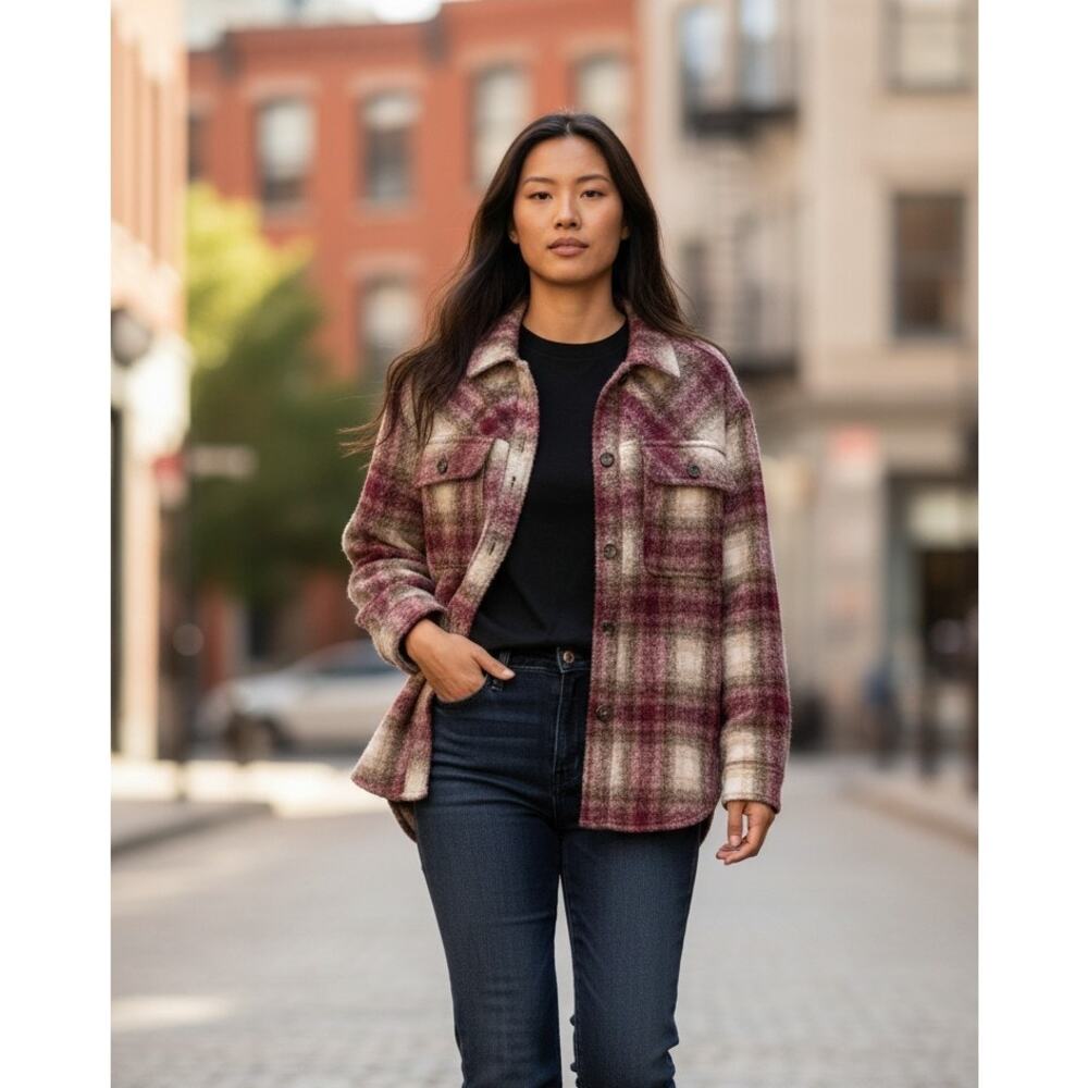 LA Hearts Women's Red Plaid Button Up Jacket M/L Long Sleeve Shacket